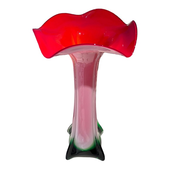 Red Amaryllis 5 Petal Murano Style Glass Cased 14.5” Vase - Picture 8 of 9